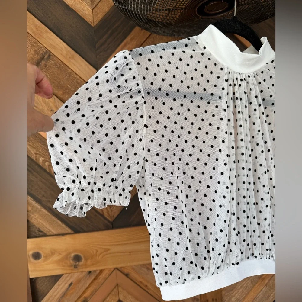Sheer Polka Dot Crop Top - White and Black - Picture 3 of 8